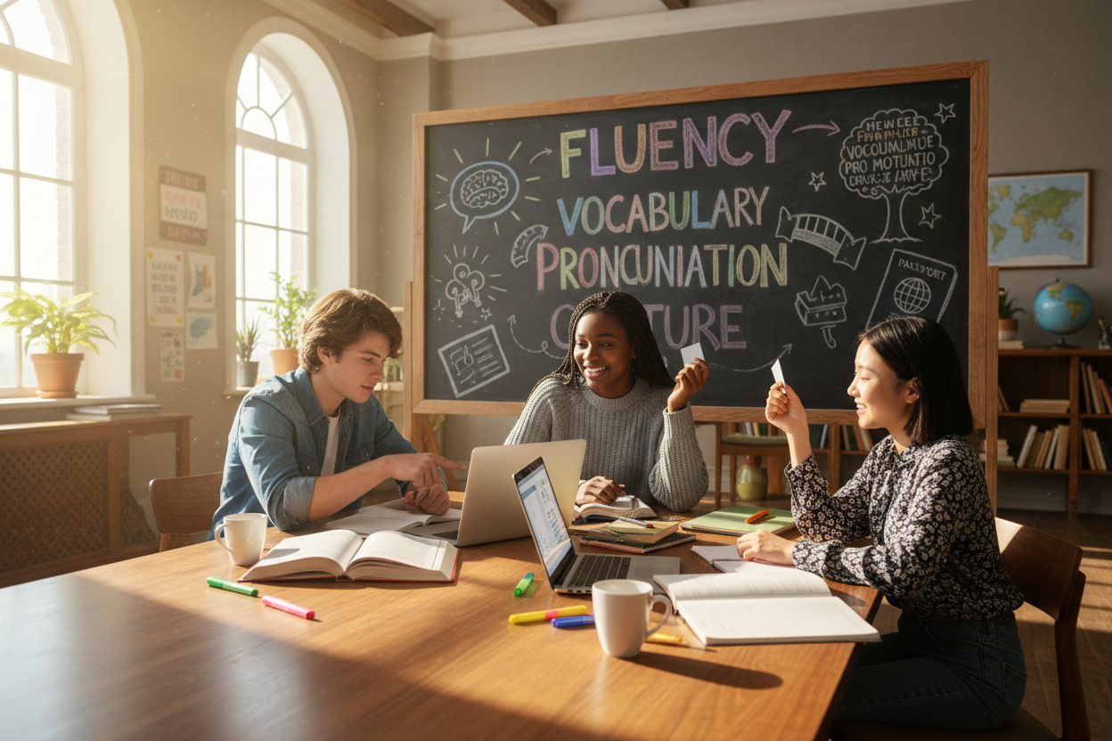 A motivational study scene illustrating tips for personal language development. In the foreground, a diverse group of three students, a Caucasian boy, a Black girl, and an Asian girl, are engaged in a lively discussion around a wooden table covered with books, a laptop, and notebooks. The middle ground features a chalkboard filled with vocabulary words and phrases, displaying colorful drawings related to language concepts. In the background, an inspiring classroom with bright sunlight streaming through large windows, creating a warm, inviting atmosphere. The students are dressed in casual but smart clothing, embodying a productive learning environment. The overall mood is energetic and focused, emphasizing collaboration and growth in language skills.